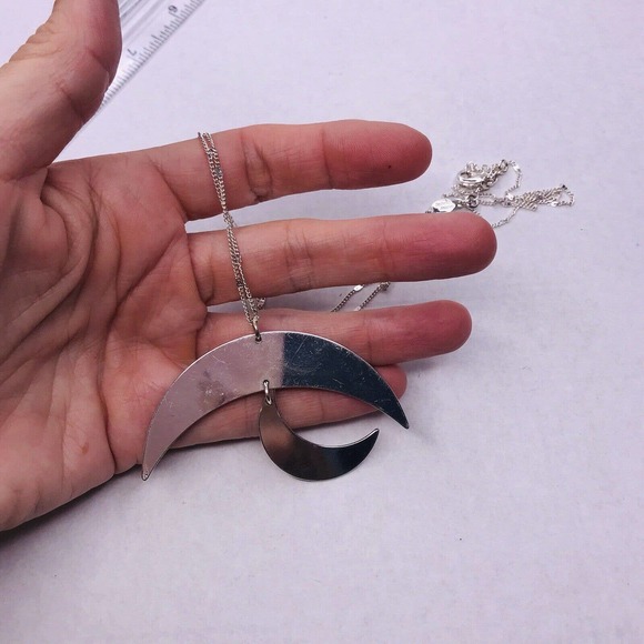 Signed Jade & Jasper Necklace Silver Tone Crescent Moon Dangle Pendant 32" Long - Picture 10 of 11